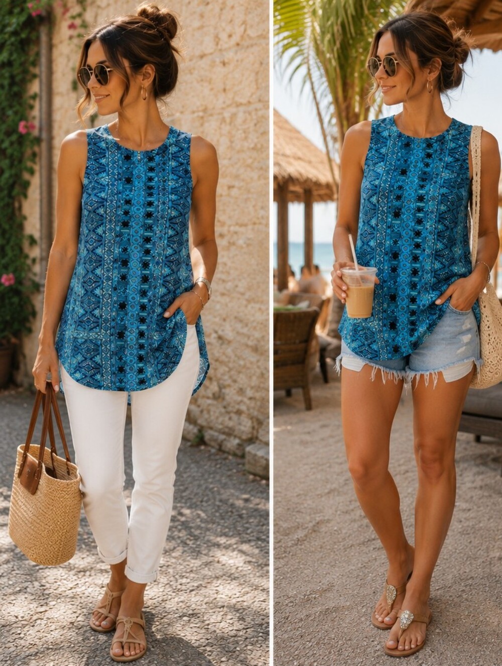 Karen Kane Sleeveless Blue Printed Summer Tank